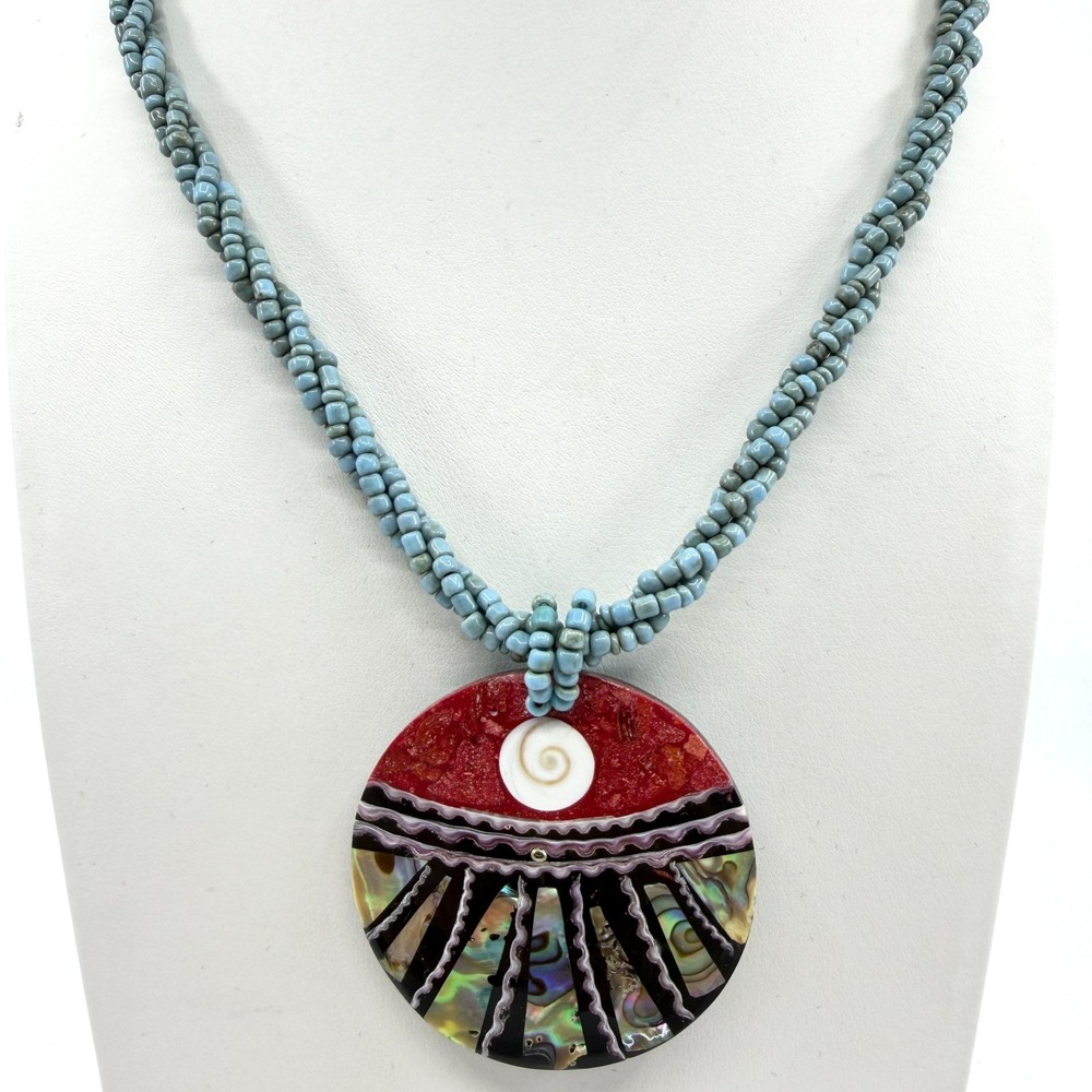 Y2K Boho Shell Pendant Necklace Blue Twisted Bead Strand Statement Beach Jewelry